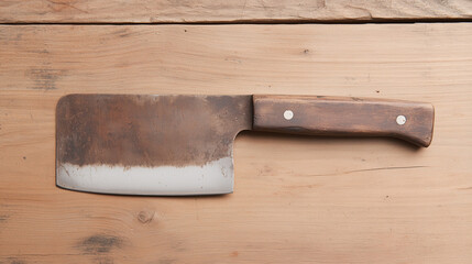 Rustic Cleaver on Wooden Surface: An aged, heavy-duty cleaver, its blade displaying a history of use, rests upon a textured wooden surface, the grain adding a touch of organic contrast.
