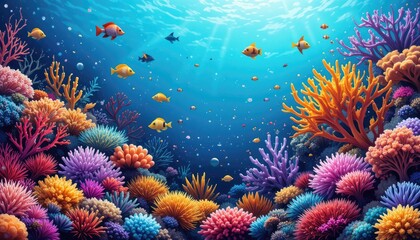 Colorful Coral Reef Scene with Tropical Fish Swimming in Ocean Water
