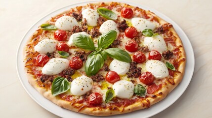 Freshly baked pizza topped with tomatoes, mozzarella, and basil on a rustic wooden table