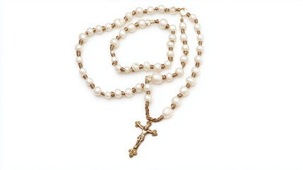 Sacred Symbol: An elegant rosary with lustrous pearl beads and a detailed crucifix, a tangible representation of faith, devotion, and spiritual reflection.