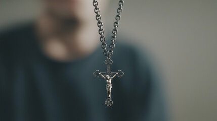 Symbol of Faith: A close-up shot of a silver crucifix on a chain, with a blurred figure of a person in the background, invoking themes of belief and spirituality.
