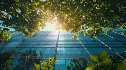 Eco-friendly glass office building in a modern city with trees to reduce heat and carbon dioxide, creating a green workspace and sustainable environment.

