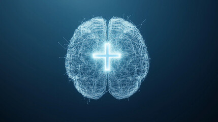 Brain with Plus Symbol: A digitally rendered brain overlaid with a glowing plus symbol, set against a sleek, dark background. It symbolizes mental health, well-being.
