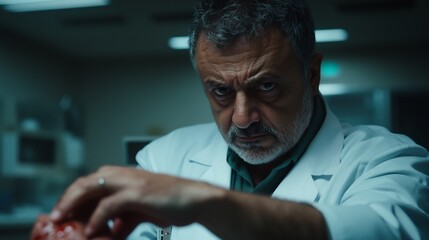 Obraz premium Intense Examination: A Doctor's Focused Gaze on a Medical Specimen in a dimly lit laboratory.