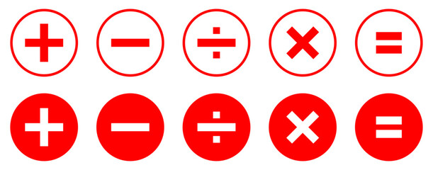 Set of mathematical icons. Plus, minus, multiplication, equal, division symbol red color isolated vector illustration. Calculator math icon. Flat style.