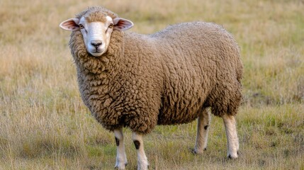 Obraz premium Sheep stands in a grassy field during daylight hours in a rural setting