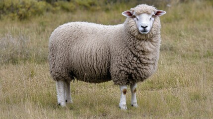 Obraz premium Sheep grazing in a lush green meadow under a clear sky in a tranquil countryside setting