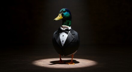 Duck Wearing Tuxedo Standing in Spotlight, Formal Event Concept