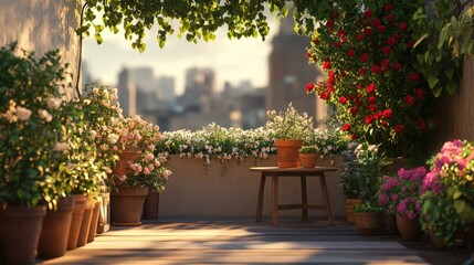 Serene Rooftop Garden Cityscape Dawn Flowers