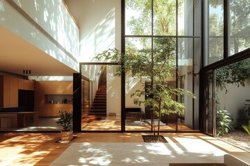 Fototapeta premium Modern home interior with glass walls and a tree. Ideal for showcasing modern architecture, interior design, and natural light.