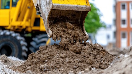 Fototapeta premium Yellow excavator bucket dumping soil onto a dirt pile at a construction site.