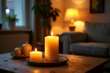 A burning candle creating a warm and inviting atmosphere in a living room. creativity hobby and handicrafts, diy, background for design.