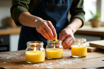 A person carefully cleaning and preparing candle jars before pouring wax. creativity hobby and handicrafts, diy, background for design.