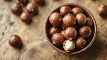 Obraz premium A handful of roasted macadamia nuts, perfectly arranged in a small bowl with a few nuts spilling out onto a wooden surface. The glossy, golden sheen adds to their inviting, rich appearance.
