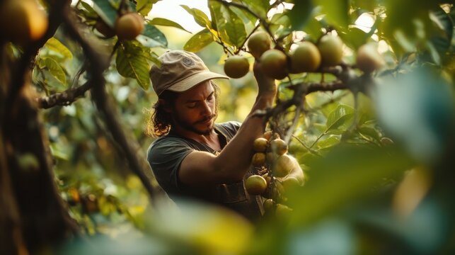 A farmer harvesting macadamia nuts from a tree, surrounded by lush green leaves. The image captures the essence of sustainable farming with a focus on the smooth, round nuts hanging from the branches.