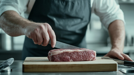 Chef Preparing Steak: A close-up captures the precise hands of a chef, expertly slicing a prime cut of raw steak on a wooden cutting board within a professional kitchen setting. 