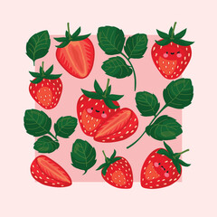 A playful cluster of strawberries, each adorned with cheerful faces, bringing a whimsical touch to the vibrant red fruit. 