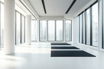Gym White Interior with Black Yoga Mat,Big Windows,No People Copy Space