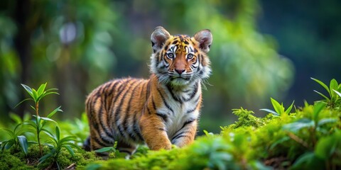 Obraz premium A Young Tiger Cub in Lush Greenery, Observing Its Surroundings with Curiosity and Alertness