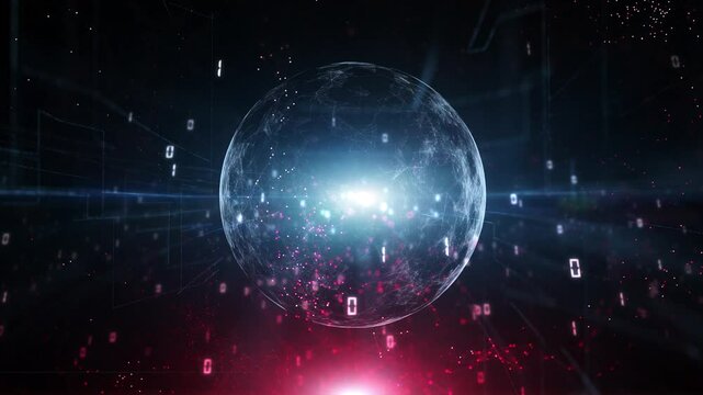 Digital technology sphere with binary numbers loop animation background. Concept cyberspace security.