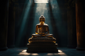 A golden Buddha statue illuminated by a beam of warm light in an otherwise dark space