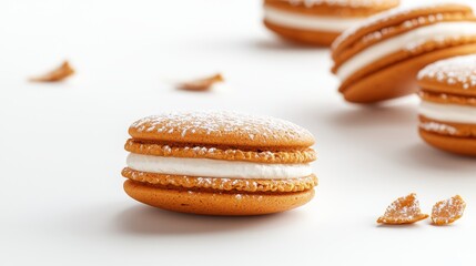 Close-up pumpkin whoopie pie halves, detailed texture, food photography style, isolated on white background