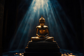 A golden Buddha statue illuminated by a beam of warm light in an otherwise dark space