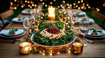Colorful Thanksgiving salad showcasing kale, sliced apples, walnuts, pomegranate seeds, with a maple vinaigrette drizzle, set on a festive dining table