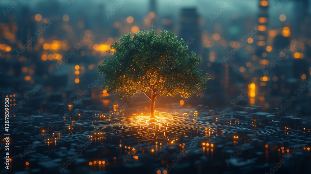 Poster Tree illuminated by digital circuits in futuristic cityscape, glowing with warm lights. Nature and technology harmony concept