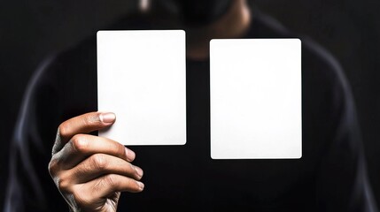 Obraz premium Human Hand Clasping Two Blank Cards in a Dark Background, Human hand holding two cards concept.
