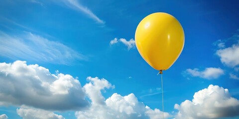 Fototapeta premium A vibrant yellow balloon ascends against a backdrop of fluffy white clouds and a brilliant blue sky, symbolizing dreams taking flight and aspirations soaring to new heights.