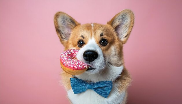 Adorable Corgi Puppy Wearing a Bowtie Balancing a Tasty Donut on Its Nose