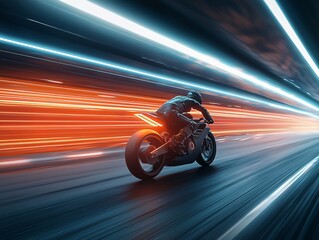 Fototapeta premium a futuristic motorcycle speeding through a neon highway at night, glowing trails of energy left in its wake, cybernetic aesthetic, dynamic motion blur, cinematic lighting