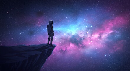 Astronaut Standing on Cliff Edge Looking at Colorful Cosmic Nebula