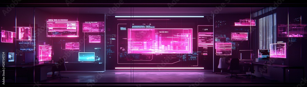 Poster a high-tech laboratory filled with luminescent holograms and floating digital interfaces, scientists