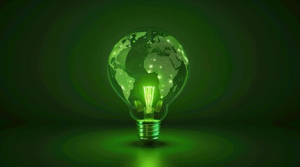 Green world map on a light bulb with a green background, showing renewable energy and eco-friendly power.