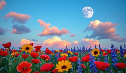 Fototapeta premium Vibrant wildflower meadow under a full moon glowing in an evening sky with colorful clouds