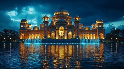 Illuminated Mosque at Night Reflecting