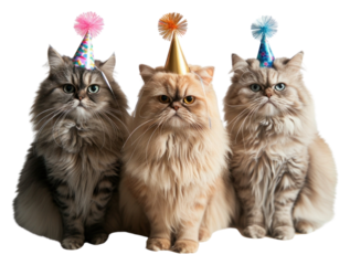 PNG Three Persian cat cats hats birthday.