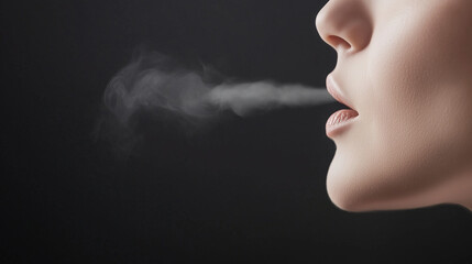 Obraz premium Gentle Breath in the stillness: The ethereal beauty of exhaled breath, gently escaping the lips in a quiet moment of calm. Capturing a sense of serenity and subtle movement against a dark background.