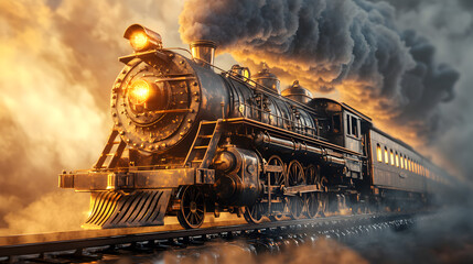 steam locomotive on a railway track with intricate metal textures and glowing steam 