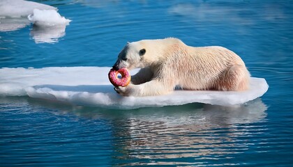 Polar bear lounging on ice floe while licking a fresh strawberry