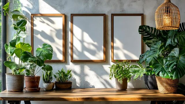 Stylish indoor plant arrangement with empty frames and natural light streaming through windows