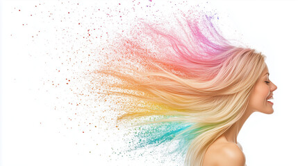 Vibrant Hair Transformation: A woman's profile showcases a stunning cascade of multi-colored hair, celebrating individuality and creative expression. This image exudes joy, empowerment.