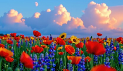 Fototapeta premium Vibrant wildflower meadow under a full moon glowing in an evening sky with colorful clouds