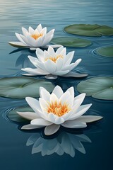 White water lilies blooming in the summer pond
