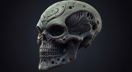 Detailed Alien Skull with Intricate Designs and Dark Background