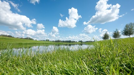 Serene pond, lush green grass, blue sky, idyllic countryside landscape