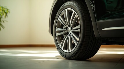 Detailed Shot of Car Tire Sidewall in Modern Garage Setting, Tire innovation drives automotive concept.