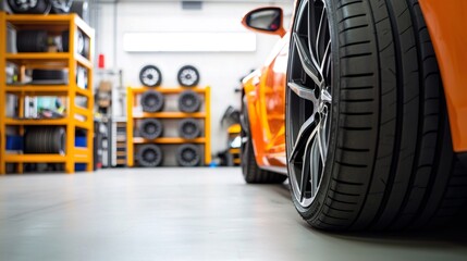 Lively Garage Scene Featuring Various Tires and Wheel Close-Up, Tire innovation drives automotive concept.
